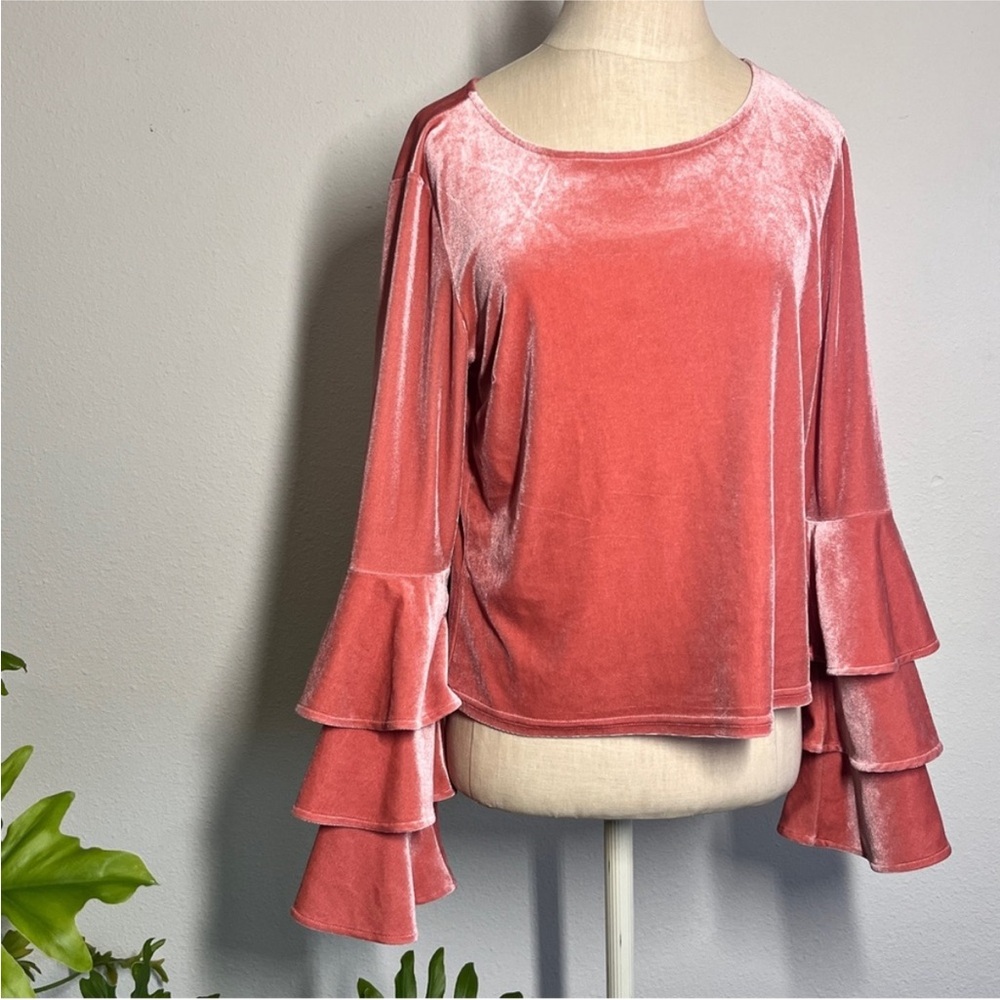 Sugarlips Velvet Ruffle Sleeve Blouse - Coral